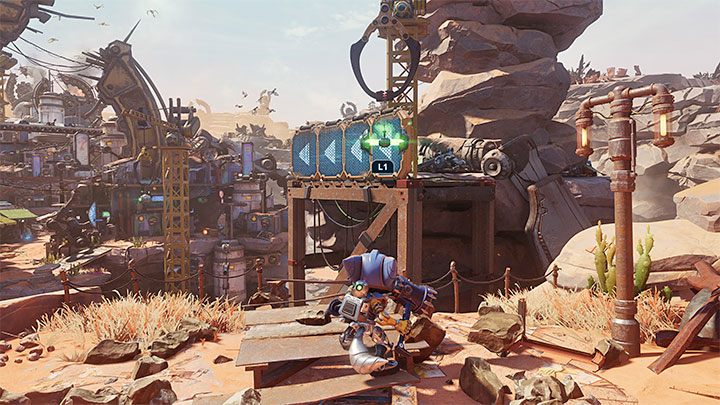 On the way to the village, you have to grab onto the hook pictured in the screenshot, swing on the rope and run on the nearby wall - Ratchet & Clank Rift Apart: Finding the Fixer and the Hurlshot - Torren IV - Ratchet & Clank Rift Apart Guide