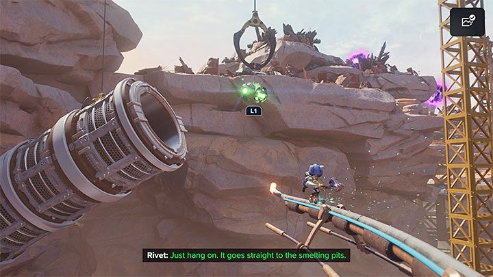 Return to the "main" rail and resume the ride, which again involves dodging wagons - Ratchet & Clank Rift Apart: Finding the Fixer and the Hurlshot - Torren IV - Ratchet & Clank Rift Apart Guide