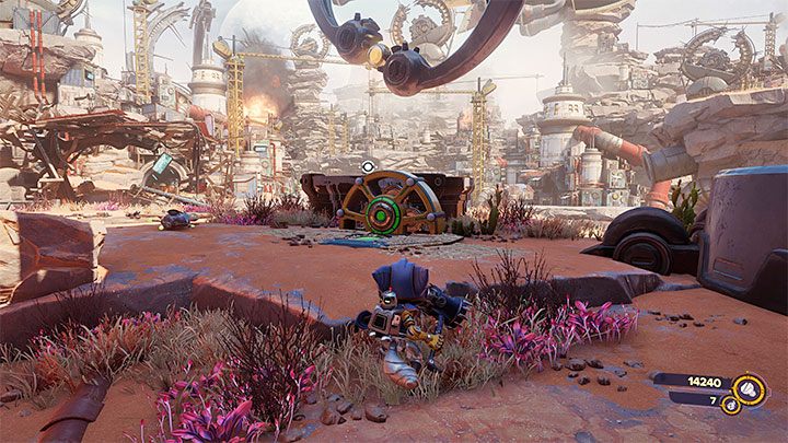 After the battles are over, you can collect loot from the area or immediately use the crank from the screenshot above - Ratchet & Clank Rift Apart: Finding the Fixer and the Hurlshot - Torren IV - Ratchet & Clank Rift Apart Guide