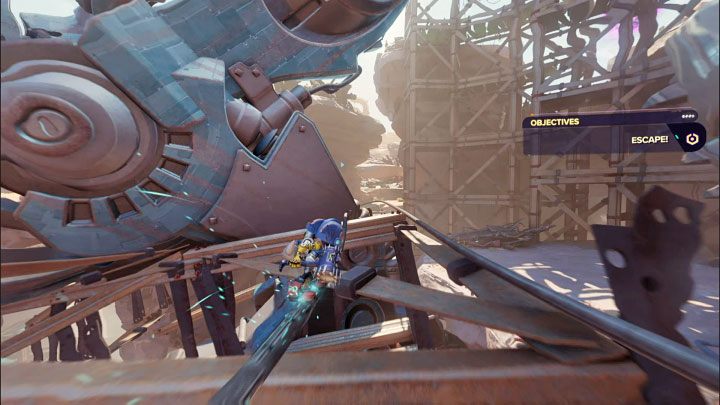 The escape from the big machine starts with traveling on a rail - Ratchet & Clank Rift Apart: Run away from Fixer - walkthrough - Torren IV - Ratchet & Clank Rift Apart Guide