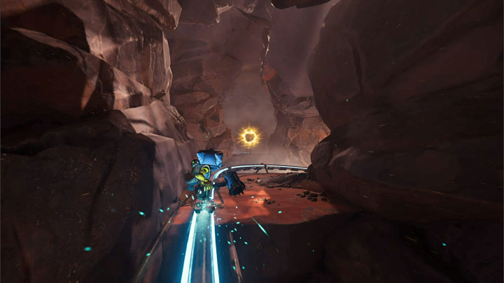 As you ride through the mines, once more run on the wall and jump to the right rail - Ratchet & Clank Rift Apart: Run away from Fixer - walkthrough - Torren IV - Ratchet & Clank Rift Apart Guide