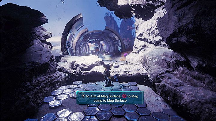 Traveling the bottom is very similar to using magnetic tracks - Ratchet will be "attached" to the ground, and you'll be able to jump to other tracks by choosing a landing spot highlighting the ground using a yellow hexagon icon - Ratchet & Clank Rift Apart: Repair the Rubion Forge - Cordelion - Ratchet & Clank Rift Apart Guide