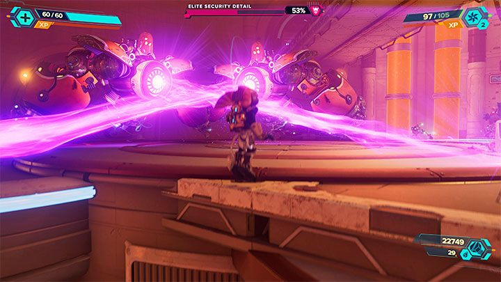 During the battles you better watch out for the powerful laser attacks of the bosses - Ratchet & Clank Rift Apart: Freeing Juice and creating the Dimensionator - walkthrough - Cordelion - Ratchet & Clank Rift Apart Guide