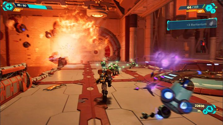 Be careful not to fall into the tank during the battle - don't get pushed down into it and rely on double jumps regularly - Ratchet & Clank Rift Apart: Freeing Juice and creating the Dimensionator - walkthrough - Cordelion - Ratchet & Clank Rift Apart Guide