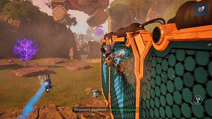 You have to head south and that means going down the metal platforms - Ratchet & Clank Rift Apart: Protecting Morts and freeing Seekerpede - walkthrough - Return to Sargasso - Ratchet & Clank Rift Apart Guide