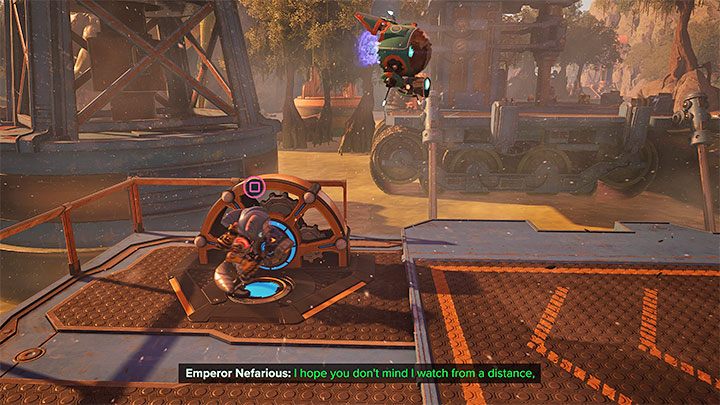 When you reach one of the next metal platforms, you will need to interact with the crank - Ratchet & Clank Rift Apart: Protecting Morts and freeing Seekerpede - walkthrough - Return to Sargasso - Ratchet & Clank Rift Apart Guide