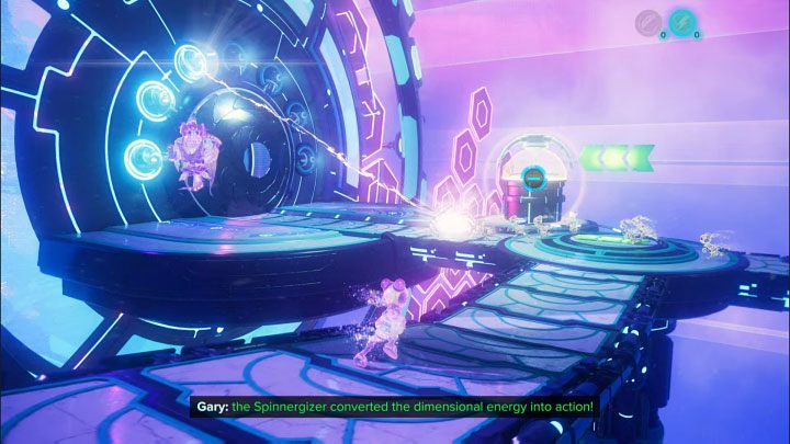 By using the electric sphere on the generator, the arrow plate has rotated and the projections will now run up to and collide with the meta-terminal - Ratchet & Clank Rift Apart: Protecting Morts and freeing Seekerpede - walkthrough - Return to Sargasso - Ratchet & Clank Rift Apart Guide