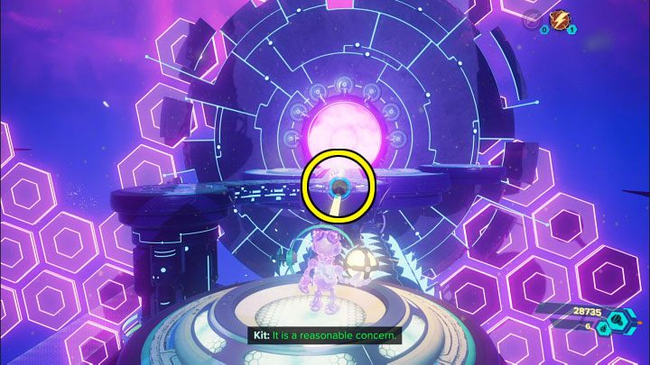 Throw the electric sphere once again at the first slot near the starting point you used at the very beginning of the puzzle - we marked it on the picture - Ratchet & Clank Rift Apart: Protecting Morts and freeing Seekerpede - walkthrough - Return to Sargasso - Ratchet & Clank Rift Apart Guide