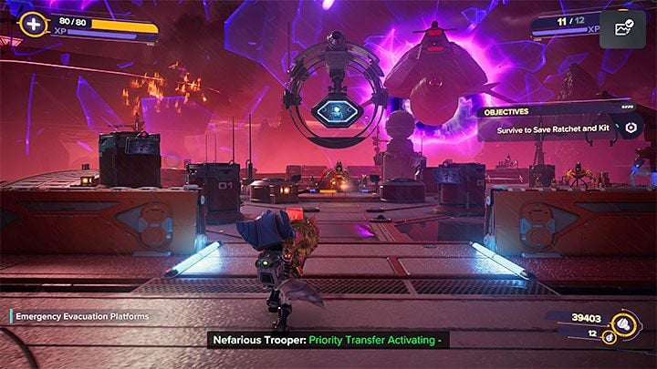 You will reach an area with Emergency Evacuation Platforms surrounded by water - Ratchet & Clank Rift Apart: Follow the cell - Viceron - Ratchet & Clank Rift Apart Guide