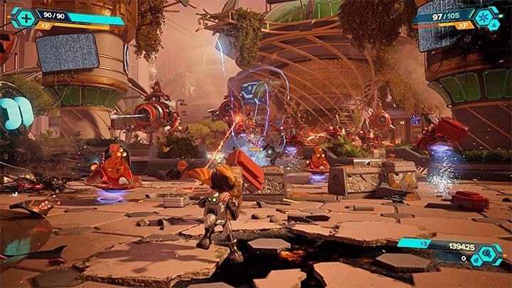 Use the rotor to land safely on the lower ledge and continue your journey - Ratchet & Clank Rift Apart: Begin the finale and defeat the final boss - walkthrough - Final confrontation - Ratchet & Clank Rift Apart Guide