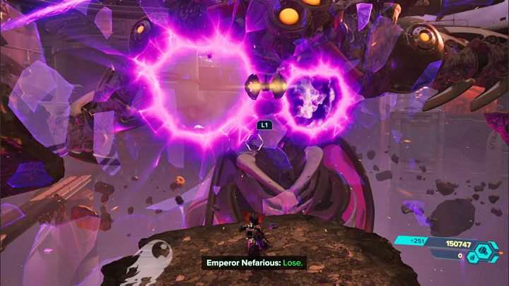 You must take turns while attacking the boss' eyes and new monitors until his health bar drops to 0% - Ratchet & Clank Rift Apart: Begin the finale and defeat the final boss - walkthrough - Final confrontation - Ratchet & Clank Rift Apart Guide