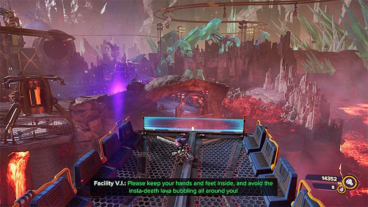 After the battles, stand on the large platform that will begin the journey to the mining Hub - Ratchet & Clank Rift Apart: Overriding the lockdown and getting to the Miners - walkthrough - Blizar Prime - Ratchet & Clank Rift Apart Guide