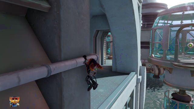 Use the handrail going along the wall to reach the Gold Bolt. - Ratchet & Clank: Planet Kalebo 3 - Walkthrough - Walkthrough - Ratchet and Clank Game Guide & Walkthrough