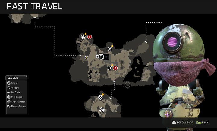 The spots marked on the map are only dungeons, aside from the Pylon, for which you meet the requirements. - Mission 4: Whispers in the Sand | Walkthrough - Walkthrough - ReCore Game Guide