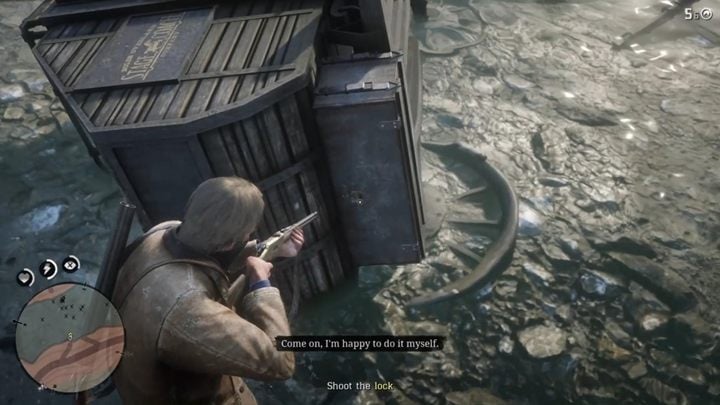 Approach the wagon, aim at the lock and shoot it to open the chest - Red Dead Redemption 2: An American Pastoral Scene - walkthrough - Red Dead Redemption 2: Chapter 2 - Horseshoe Overlook - Red Dead Redemption 2 Guide