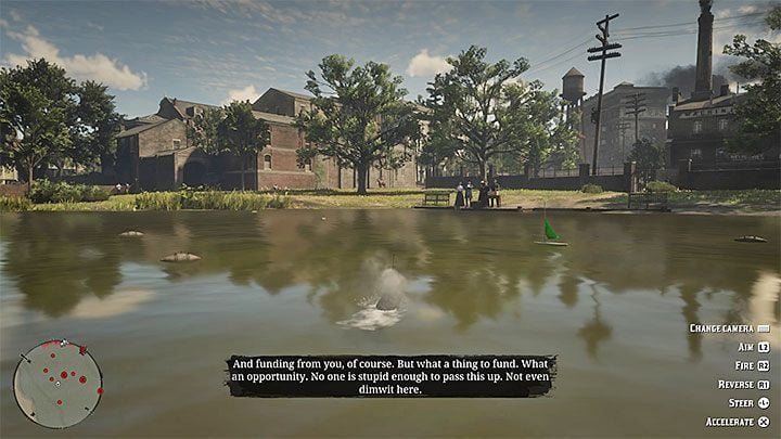 The second submarine challenge is a little bit more difficult - you need to sink the marked ships before they reach the opposite part of the pond - Red Dead Redemption 2: A Bright Bouncing Boy - walkthrough, map - Red Dead Redemption 2: Side quests - Red Dead Redemption 2 Guide