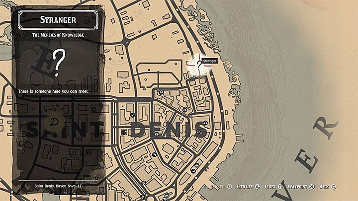 The quest marker for this mission should appear in Saint Denis sometime after starting the fourth chapter - Red Dead Redemption 2: The Mercies of Knowledge - walkthrough, map - Red Dead Redemption 2: Side quests - Red Dead Redemption 2 Guide