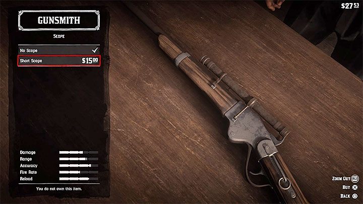 Select Scope from the list of components - Red Dead Redemption 2: Scope - how to get it for your rifle? - Red Dead Redemption 2: Combat - Red Dead Redemption 2 Guide