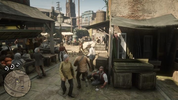 Youll eventually reach the market - if you havent caught the young man before, youll find him close to one of the stalls - Red Dead Redemption 2: The Joys of Civilization - walkthrough - Red Dead Redemption 2: Chapter 4 - Shady Belle - Red Dead Redemption 2 Guide
