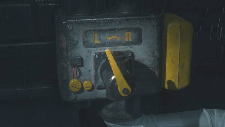 A lever on the northern wall of the building. - Obtaining the key card; Escaping the station | Police station in Resident Evil 2 - Claires path - Resident Evil 2 Guide