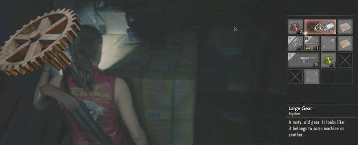 A large gear in the east storage room. - Obtaining the key card; Escaping the station | Police station in Resident Evil 2 - Claires path - Resident Evil 2 Guide
