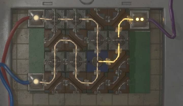 Now you must connect the paths in such way that the current will go from both entrances to one exit - Obtaining the key card; Escaping the station | Police station in Resident Evil 2 - Claires path - Resident Evil 2 Guide