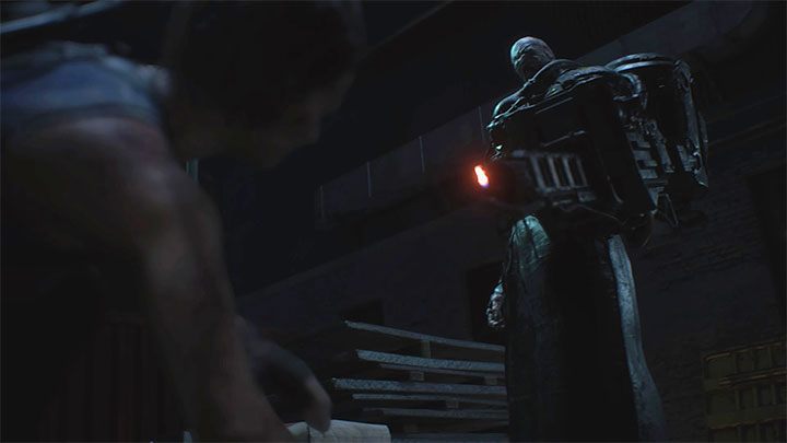 Nemesis attacks Jill by surprise when she attempts to exit the sewers near the demolition site - Resident Evil 3: Demolition site walkthrough - Story walkthrough - Resident Evil 3 Guide