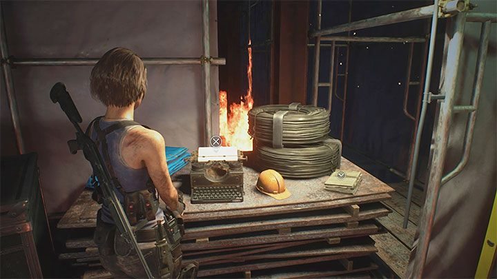 There are a typewriter and an item chest on one of the higher levels of scaffolding - Resident Evil 3: Demolition site walkthrough - Story walkthrough - Resident Evil 3 Guide