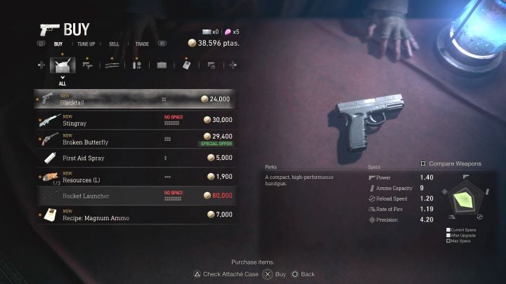 The compact pistol is available for purchase from the merchant starting from chapter 7, which is when you reach Castle - Resident Evil 4 Remake: List of all weapons - Basics - Resident Evil 4 Remake Guide
