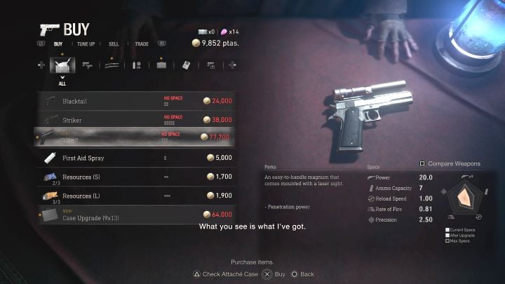 A revolver with a laser sight is available for purchase from the merchant starting from chapter 13, which is when you reach the Island - Resident Evil 4 Remake: List of all weapons - Basics - Resident Evil 4 Remake Guide