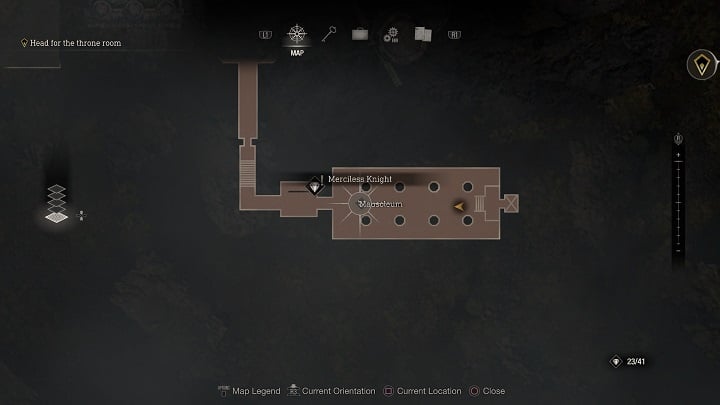 Merciless Knight is waiting in the Mausoleum, the place where you played as Ashley and you had to light the four symbols to open the door and evade enemies - Resident Evil 4 Remake: Merciless Knight - Requests - Resident Evil 4 Remake Guide