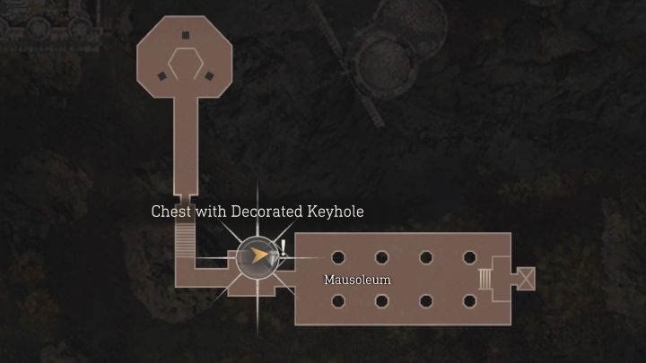 The final chest is in Mausoleum - you can find it after avoiding animated armors in the main part of the Mausoleum - Resident Evil 4 Remake: Chest with Decorated Keyhole map - Secrets - Resident Evil 4 Remake Guide