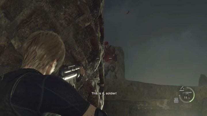 Krauser will appear above you - start firing to make the boss fall down - Resident Evil 4 Remake: How to defeat Jack Krauser again (Chapter 14)? - Bosses - Resident Evil 4 Remake Guide