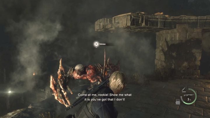 Your attacks may force Krauser to kneel - quickly use a melee attack to deal him damage - Resident Evil 4 Remake: How to defeat Jack Krauser again (Chapter 14)? - Bosses - Resident Evil 4 Remake Guide