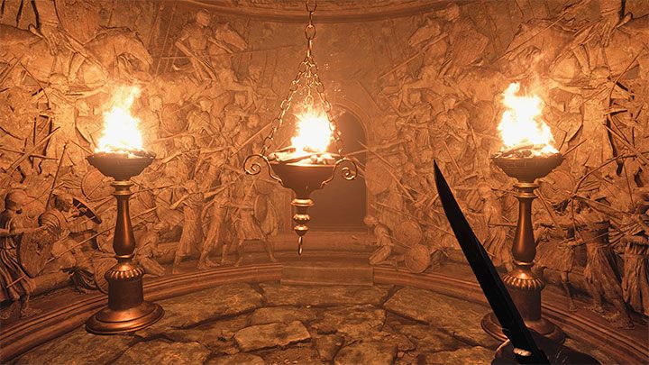 While exploring the basement, you will notice Lady Dimitrescu in the Tasting Room, but she's not a threat to Ethan right now - Resident Evil Village: Exploring the Castle Chambers - walkthrough, solution - Dimitrescu Castle - Resident Evil Village Guide