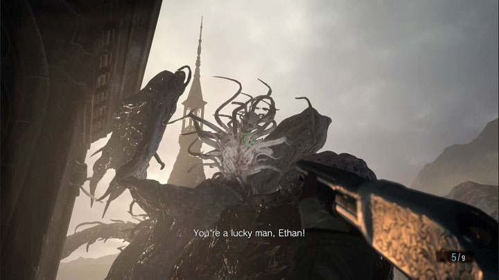 The first stage of the fight will take place on the balconies surrounding the tower - Resident Evil Village: Escape from the castle/Tower of Worship - walkthrough - Dimitrescu Castle - Resident Evil Village Guide