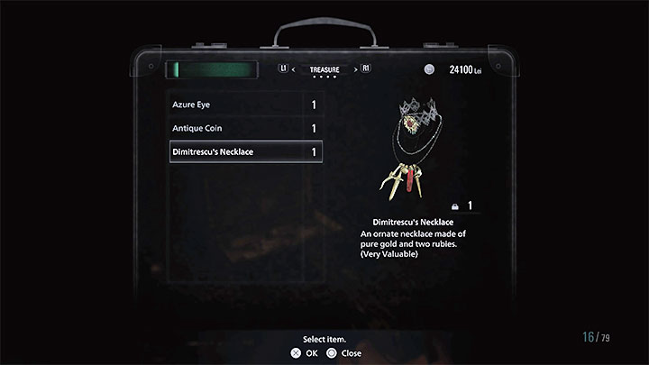 Open the inventory and go to the Treasure tab - Resident Evil Village: Necklace with Two Holes - how to complete? - Puzzle solutions - Resident Evil Village Guide