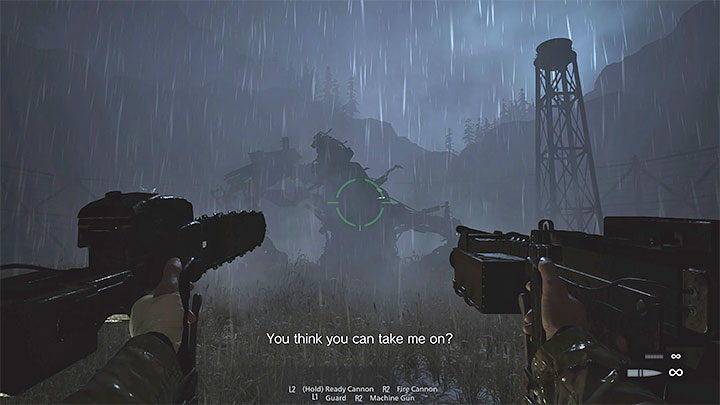 After driving the mini-tank out of the elevator, you'll find yourself in a large arena where Mutated Heisenberg resides - Resident Evil Village: Defeating Prototype Sturm and Heisenberg - walkthrough - Factory - Resident Evil Village Guide