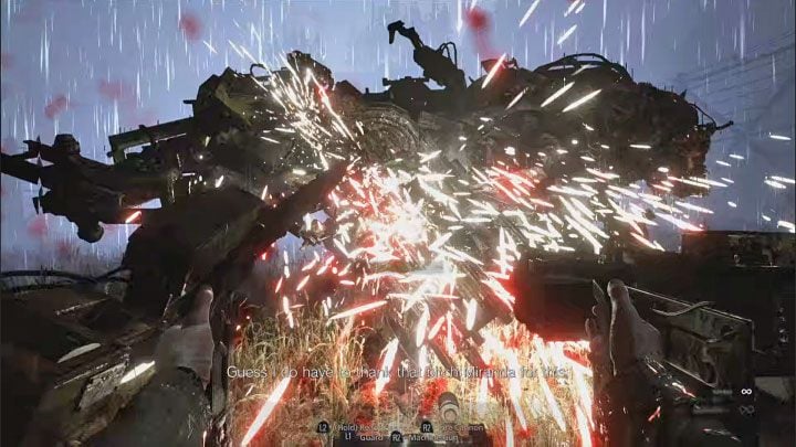 While you're busy shooting at the boss, you must of course be mindful of his attacks - Resident Evil Village: Defeating Prototype Sturm and Heisenberg - walkthrough - Factory - Resident Evil Village Guide