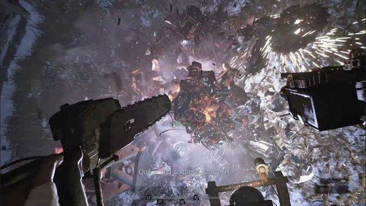 Once you've dealt enough damage to the boss, Heisenberg will create a sort of tornado that will pull the tank towards it - Resident Evil Village: Defeating Prototype Sturm and Heisenberg - walkthrough - Factory - Resident Evil Village Guide