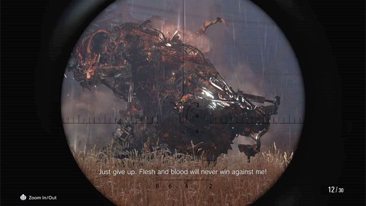 Try to aim your sniper rifle at the exposed parts on the boss's body, i - Resident Evil Village: Defeating Prototype Sturm and Heisenberg - walkthrough - Factory - Resident Evil Village Guide