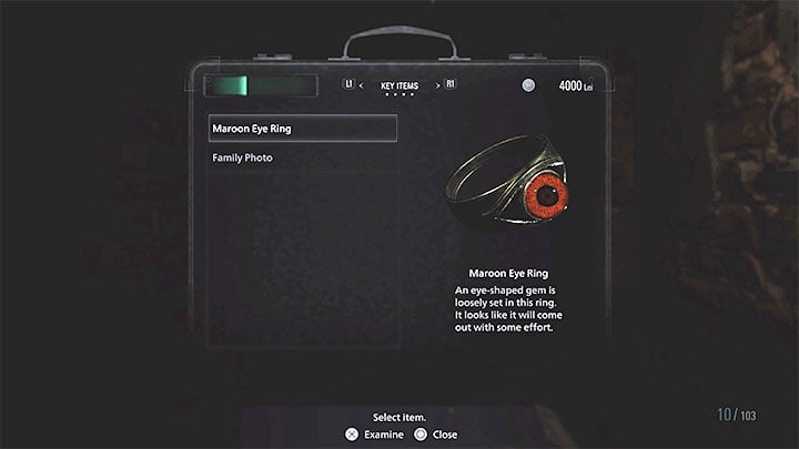 The next part of the puzzle may cause you some trouble, as the ring needs to be viewed in the inventory - Resident Evil Village: Maroon Eye puzzle - Puzzle solutions - Resident Evil Village Guide