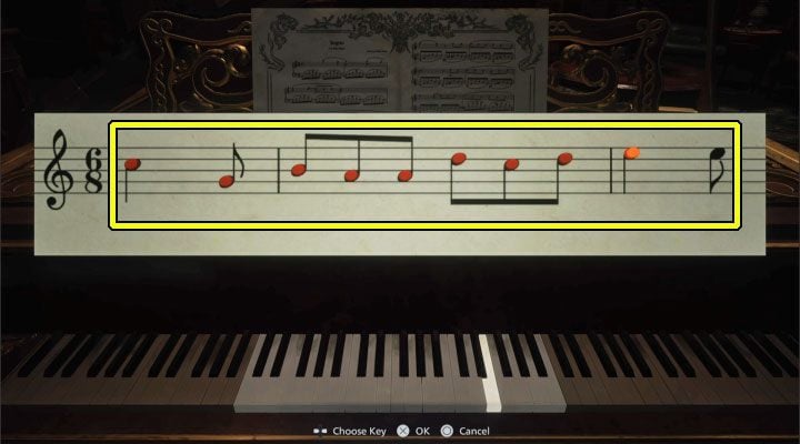 Observe the dots that appear on the notes, which are a huge help as far as the correctness of the key selection is concerned - Resident Evil Village: Piano Puzzle - Opera Hall - Puzzle solutions - Resident Evil Village Guide