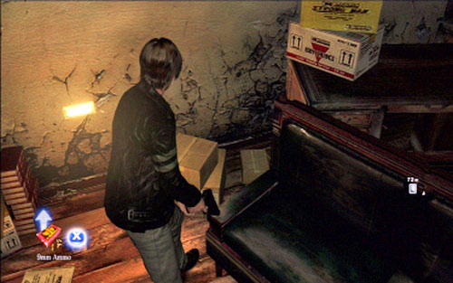 But before you go upstairs, pick up the ammo lying on the boxes to the left - Chapter 1 - The Campus | Leons campaign - Leons campaign - Resident Evil 6 Game Guide