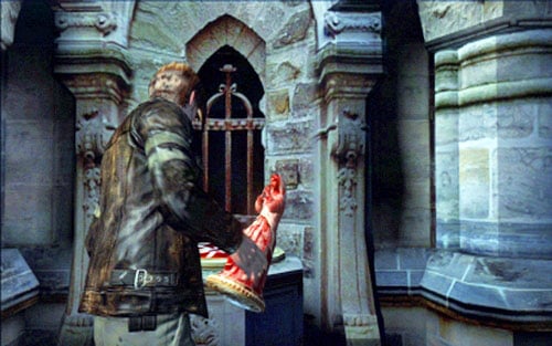 When you have two statues, place one of them on the podium next to the inscription - Chapter 2 - The Cathedral | Leons campaign - Leons campaign - Resident Evil 6 Game Guide