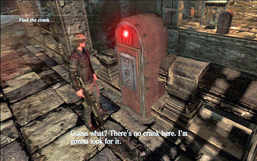 A few steps further youll find a mechanism which opens the crate - unfortunately the crank is missing - Chapter 3 - The Catacombs | Leons campaign - Leons campaign - Resident Evil 6 Game Guide