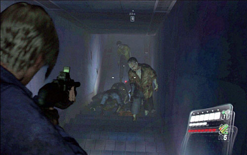 A bit further youll find a corridor which will lead you to the stairs down - Chapter 5 - The City | Leons campaign - Leons campaign - Resident Evil 6 Game Guide