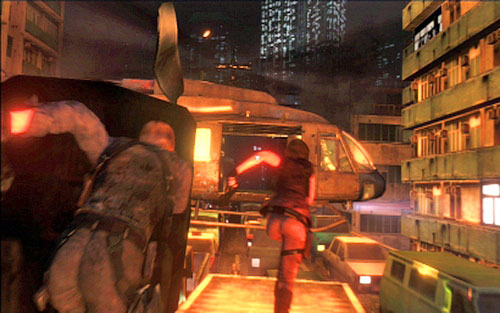 While holding A all the time, you have to run to the screen direction and then jump to the chopper - Chapter 5 - The City | Leons campaign - Leons campaign - Resident Evil 6 Game Guide