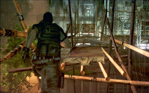 Now you have to climb up the ladder and then cross the catwalk between buildings - Chapter 1 - The Shootout on The Rooftop | Chriss campaign - Chriss campaign - Resident Evil 6 Game Guide