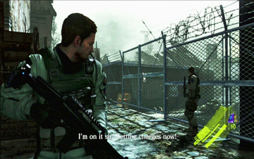 When the area is clear, move to the fence on the left - Chapter 2 - Assault on The City | Chriss campaign - Chriss campaign - Resident Evil 6 Game Guide